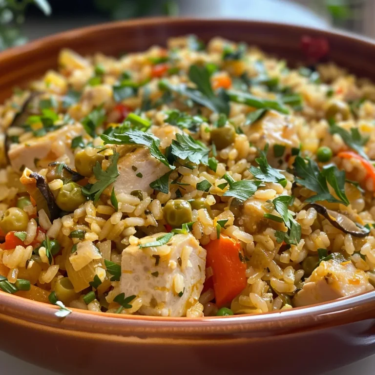 Uma Explosão de Sabores: Arroz Integral com Frango e Legumes para Alegrar Seu Dia Prato de arroz integral com frango e legumes, exibindo cores vibrantes.
