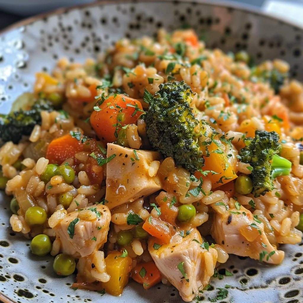 Close-up de arroz integral com pedaços de frango e vegetais frescos.