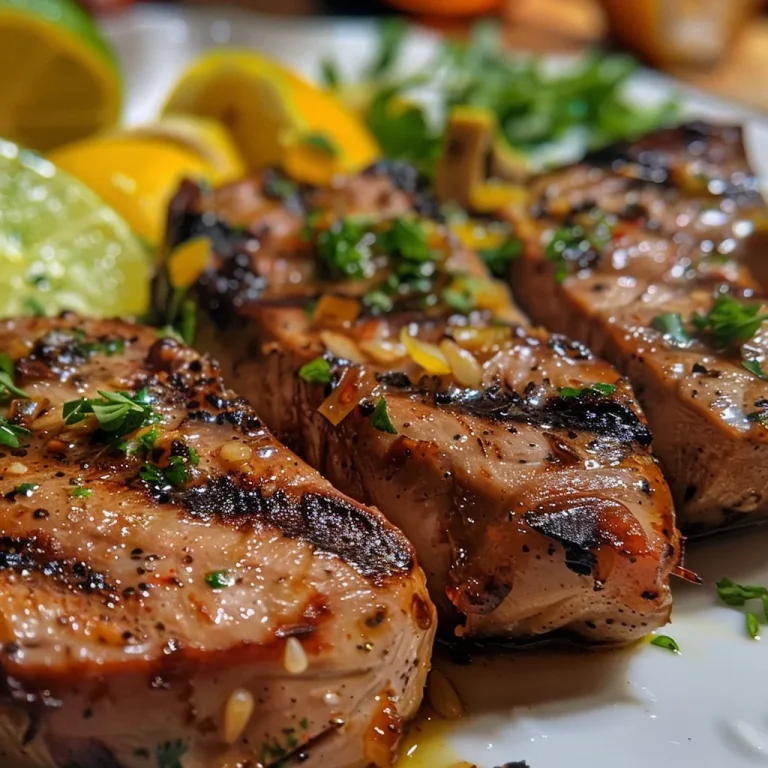 Close-up of juicy chicken fillets with garlic and lemon.