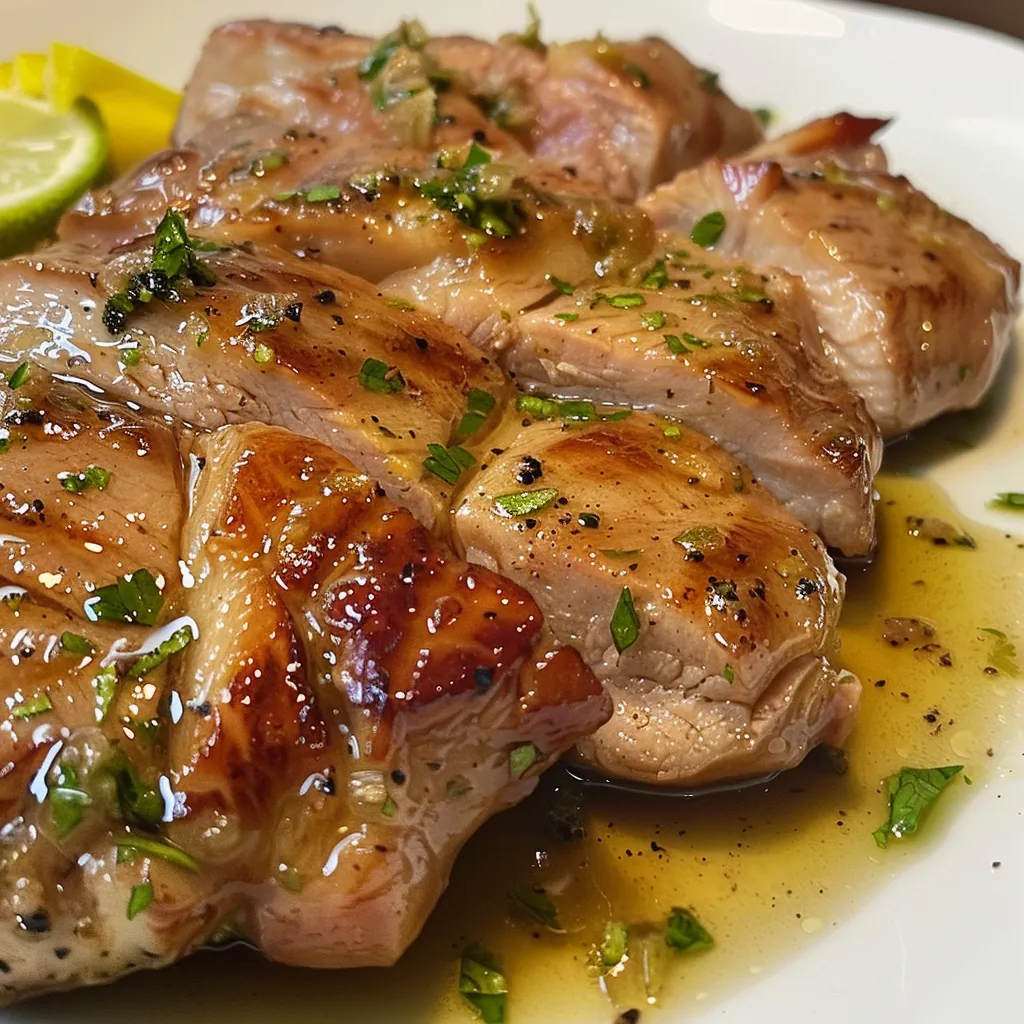 Side view of marinated chicken breasts garnished with herbs.