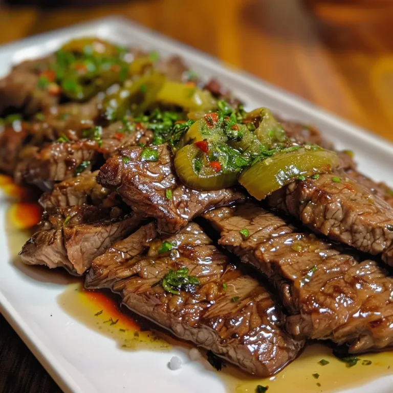 Close-up of juicy Carne Assada with bell peppers and olives on a plate.
