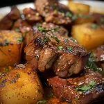 Close-up of juicy carne com mandioca with vibrant vegetables.