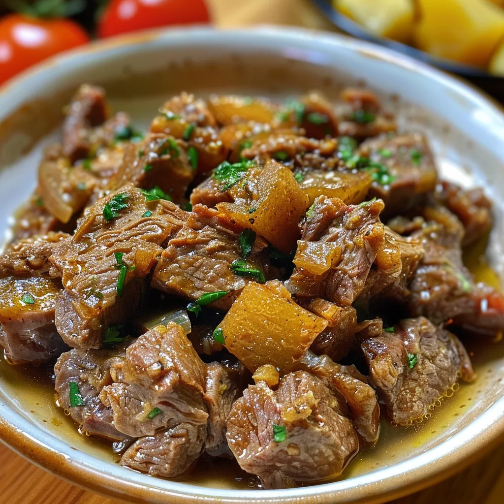 Close up de carne seca ensopada com mandioca, mostrando ingredientes e textura.