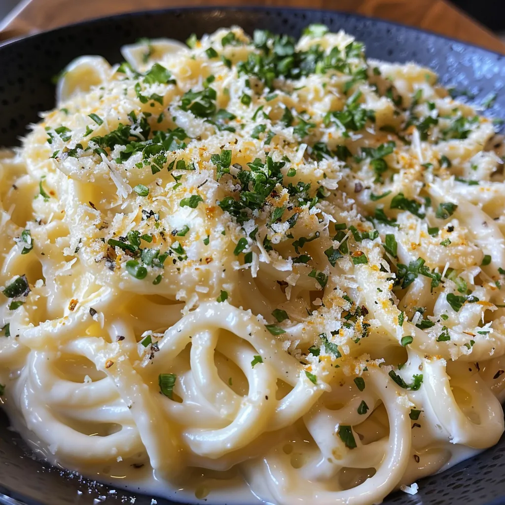 Delicious lemon-sauce spaghetti garnished with cheese and herbs.