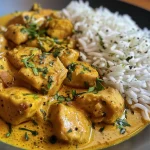 Prato de Frango ao Curry em close, mostrando pedaços de peito de frango cobertos com molho amarelo.