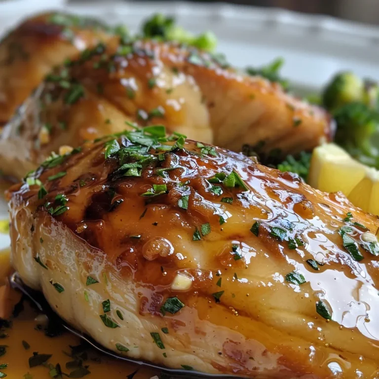 Close-up of grilled chicken breast with mustard and honey sauce, garnished with colorful vegetables.
