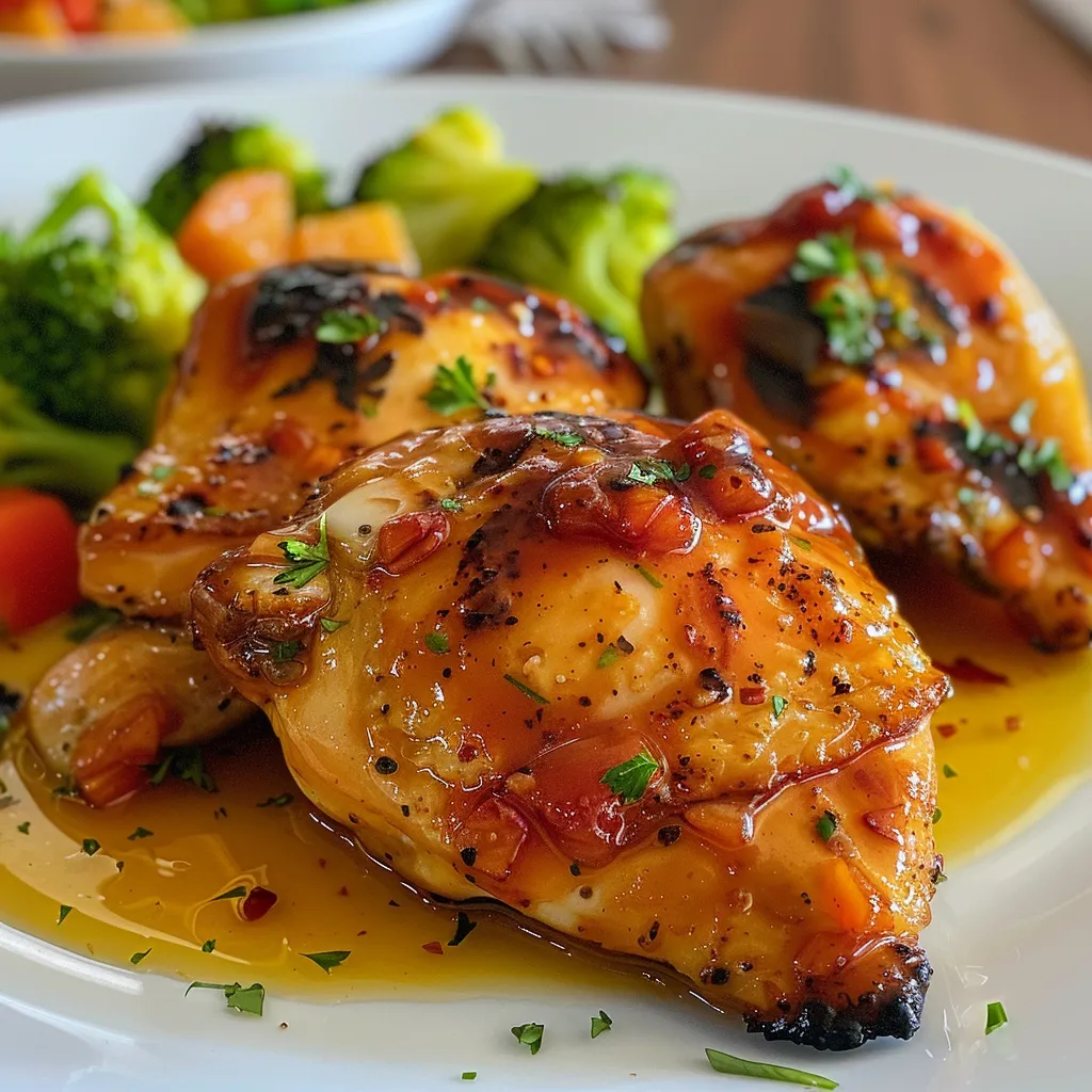 Side view of juicy chicken coated in a yellow mustard and honey glaze, with diced red peppers and green beans.