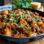 Close-up de uma lasanha de carne autêntica, com camadas de molho e queijos.