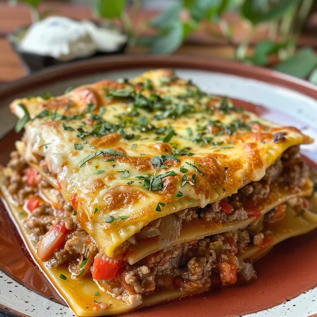 Porção suculenta de lasanha de carne com queijo derretido em cima.
