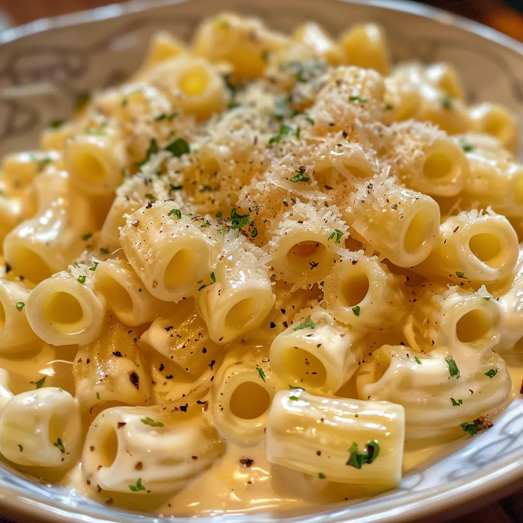 Side view of juicy Macarrão ao Molho Branco, showcasing its white sauce and sprinkled cheese.