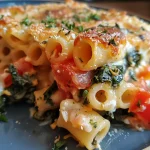 Close-up de um prato de macarrão integral com espinafre e tomate.