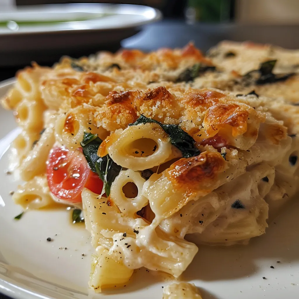 Detalhe do macarrão com espinafre e tomates cereja recém-preparados.