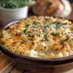 Close-up de macarrão com queijo cremoso, com uma crosta dourada.