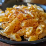 Close-up de macarrão Penne cremoso em uma panela de pressão.