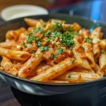 Close-up of a creamy penne pasta dish with colorful vegetables.