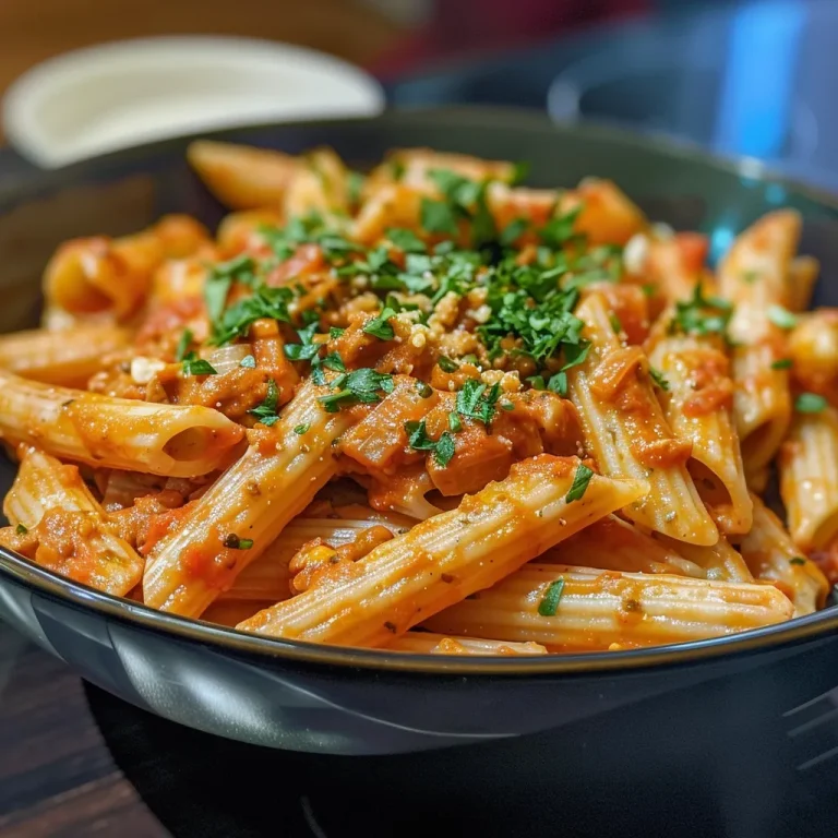 Close-up of a creamy penne pasta dish with colorful vegetables.