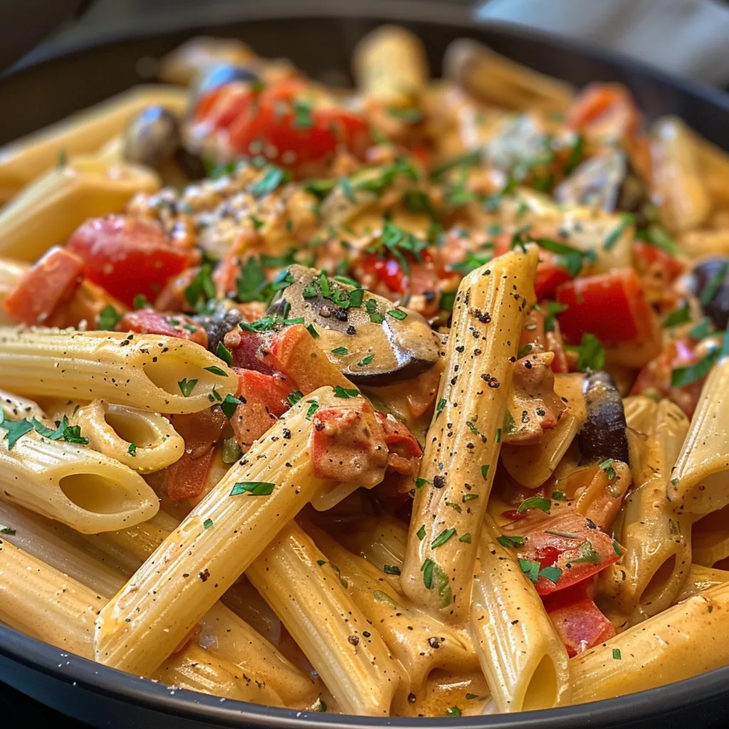 Side view of penne pasta with a vibrant mix of vegetables in creamy sauce.