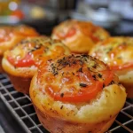 Muffin de queijo com tomate e manjericão em close, mostrando textura e ingredientes.