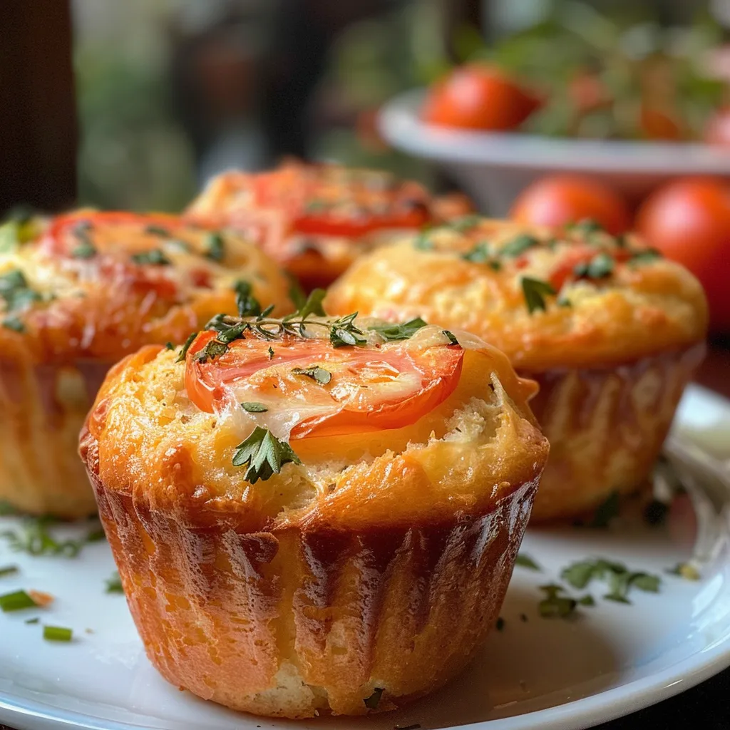 Vista lateral de Muffin de queijo, revelando pedaços de tomate e manjericão.