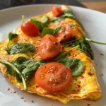 Omelete vegetariana suculenta com vegetais frescos ao lado.