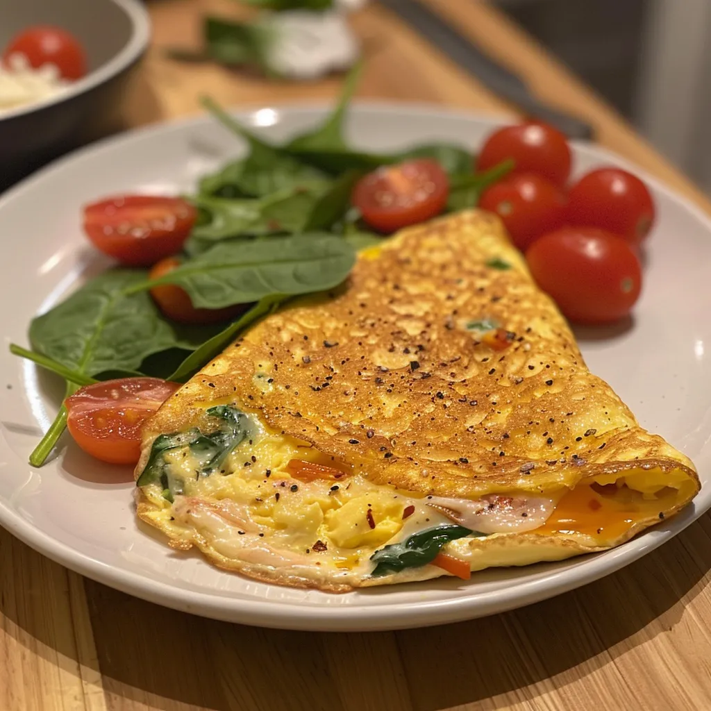 Close-up de uma omelete vegetariana com pimentos e queijo.