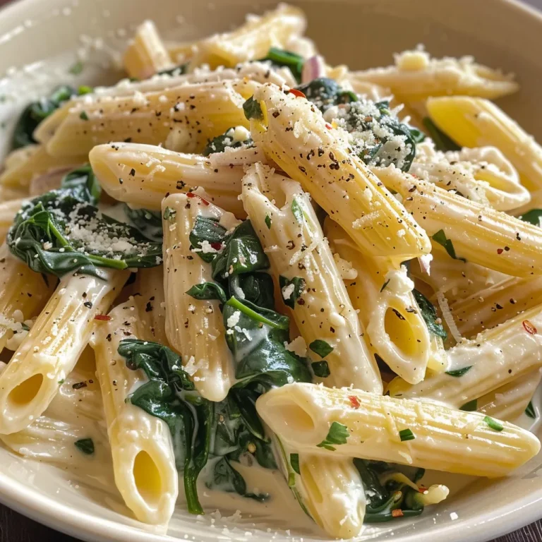 Close-up of creamy spinach pasta with penne and garnished with parmesan.