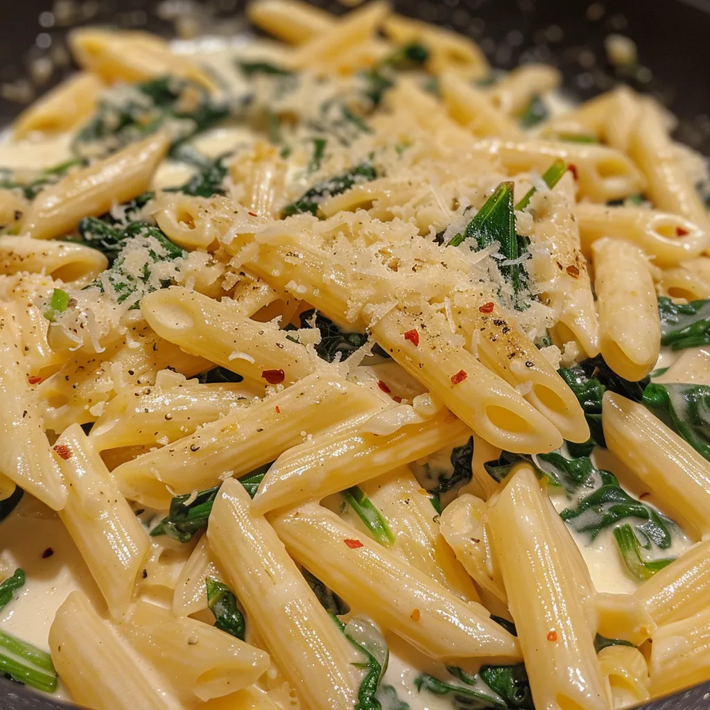 Side view of deliciously creamy penne pasta mixed with fresh spinach.