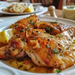 Peitos de frango suculentos com molho de manteiga de alho e limão em um prato.