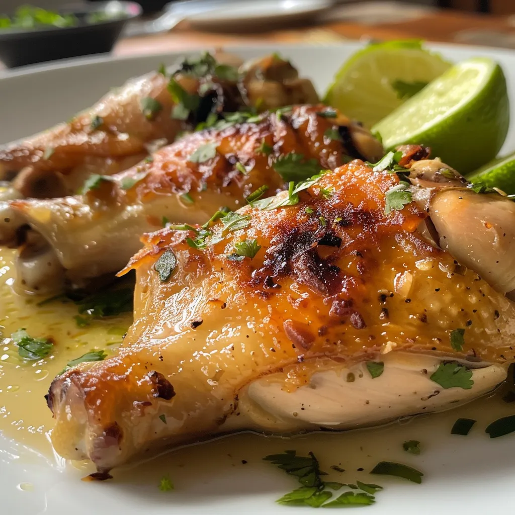 Close-up de frango grelhado coberto com molho de alho e limão.