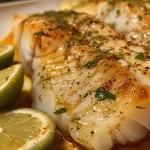 Close-up of a juicy fish fillet in herb and lemon butter sauce.