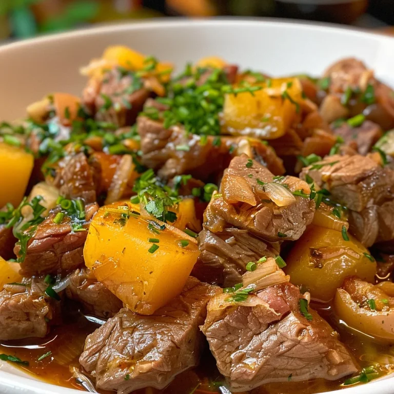 Close-up of juicy Picadinho de Carne with potatoes and carrots in a bowl.