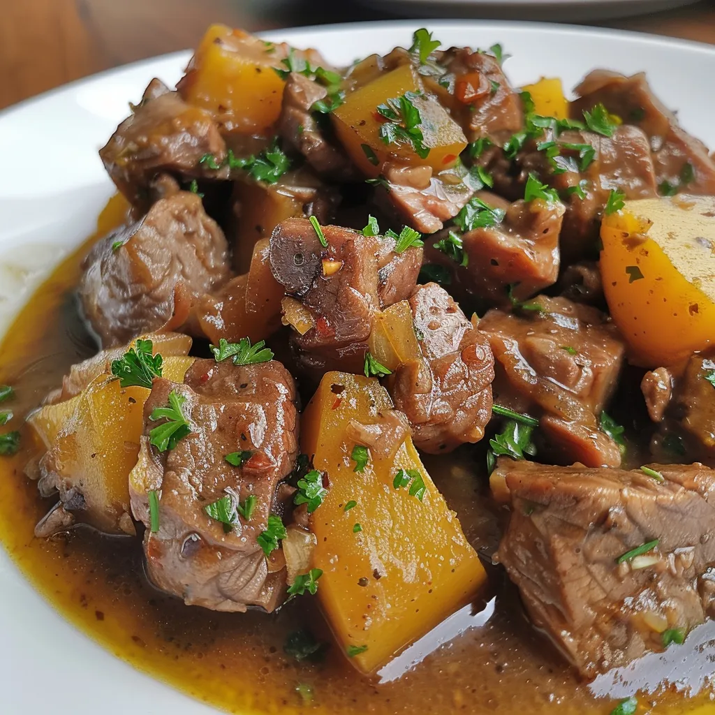 Side view of a vibrant serving of Picadinho de Carne featuring tender beef, potatoes, and carrots.
