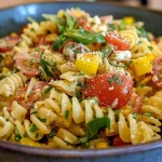Salada fresca colorida com massa fusilli, grão de bico, tomates, pepino e queijo feta.