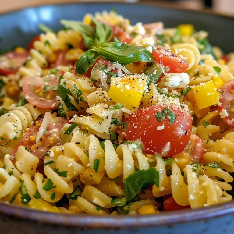 Salada fresca colorida com massa fusilli, grão de bico, tomates, pepino e queijo feta.