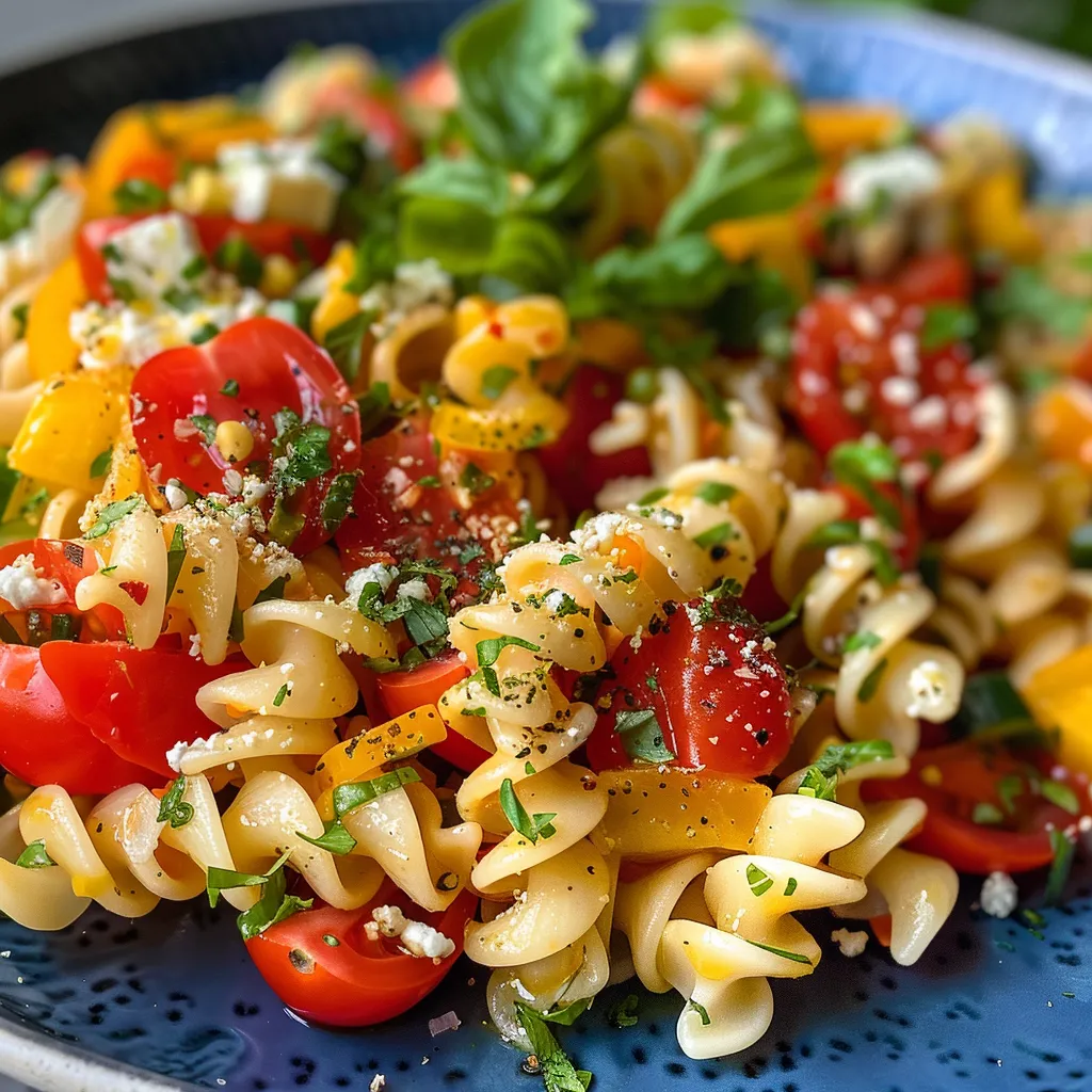 Close-up de uma salada nutritiva com ingredientes frescos e coloridos, incluindo grão de bico e milho.