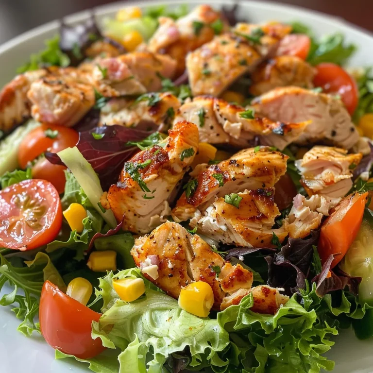 Salada saudável de frango com molho ranch, mostrando peitos de frango grelhados e vegetais frescos.