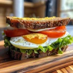 Sanduíche de ovos em close, mostrando camadas de tomate e alface.