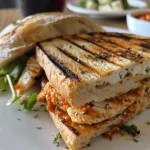 Sanduíche natural de frango com iogurte em destaque, mostrando camadas de frango desfiado e vegetais frescos.