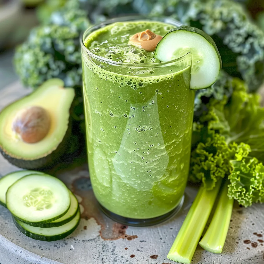 Smoothie de verde com abacate e couve, em um copo.
