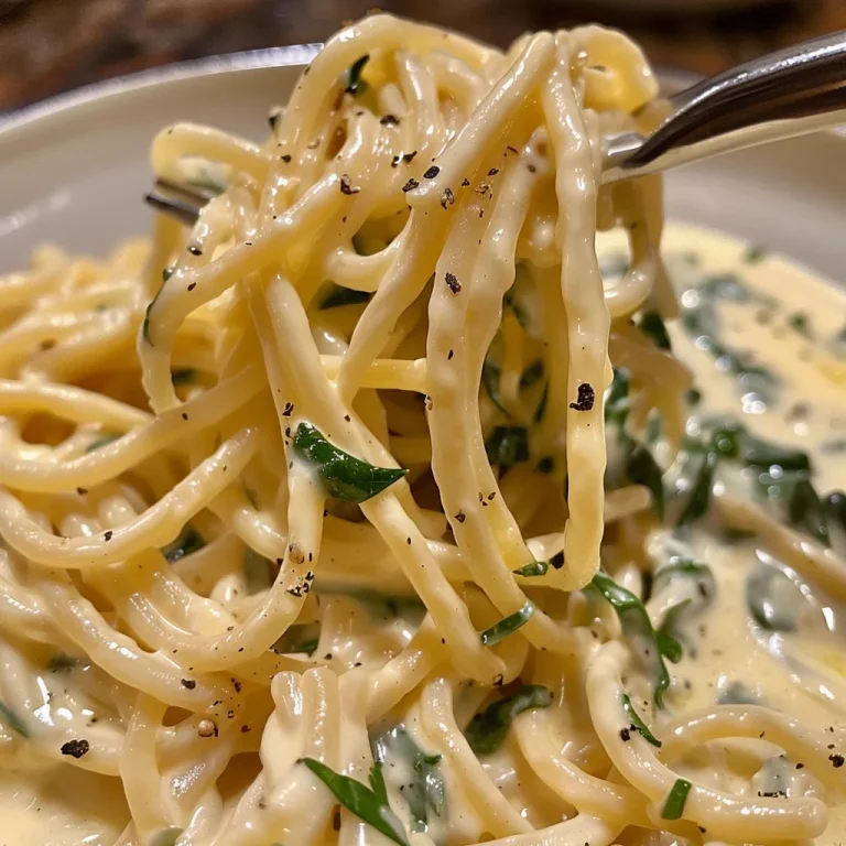 Close-up view of spaghetti coated in creamy spinach sauce.