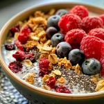 Tigela de iogurte grego com chia, granola e frutas frescas, vista lateral.