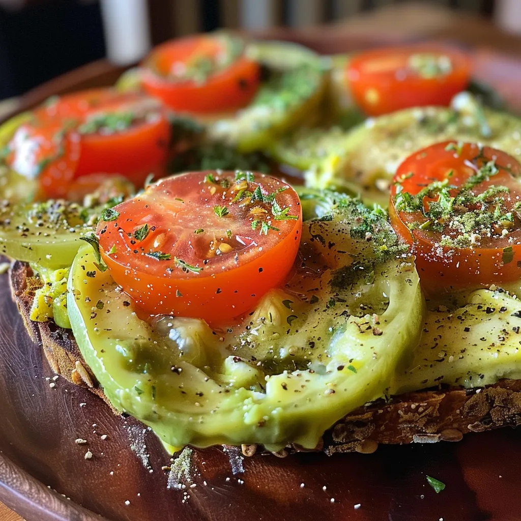 Close-up de torrada com abacate, limão e temperos, acompanhada de rúcula e tomate-cereja.