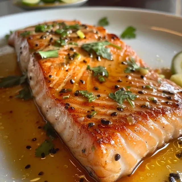 Salmão ao molho de maracujá em um prato branco, com polpa de maracujá e sementes decorativas.