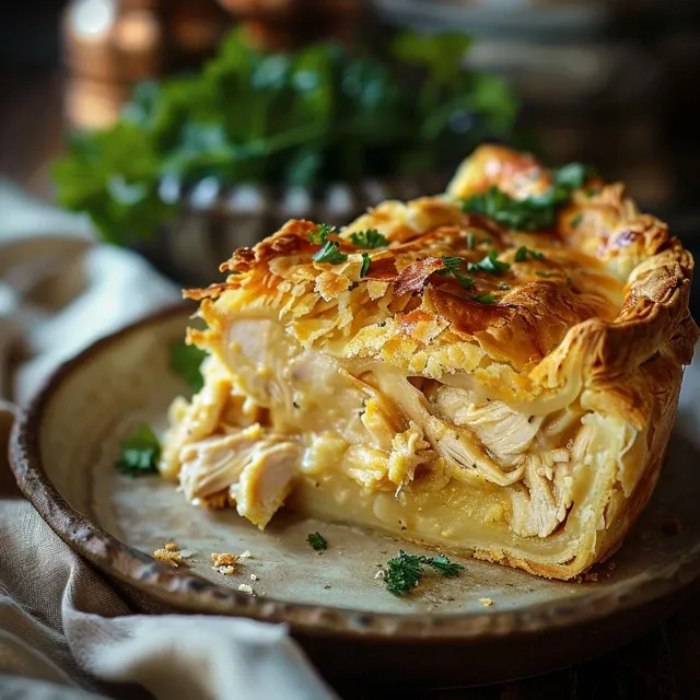 Close-up de um pastelão de forno cortado, recheado com frango cremoso.