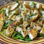 Salada Caesar de frango com croutons caseiros, vista lateral em close.