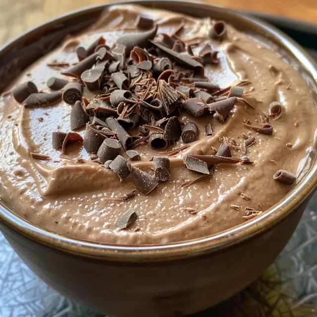 Close-up of a creamy chocolate mousse in a glass bowl topped with chocolate shavings.