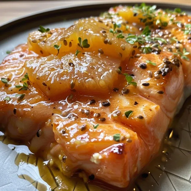Close up de um pedaço suculento de salmão coberto com molho de maracujá, servido com acompanhamentos.