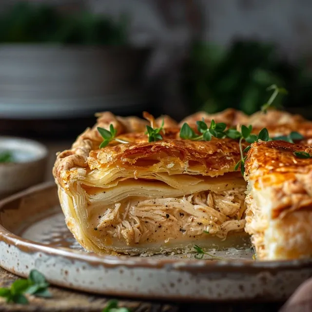 Vista lateral de um pastelão de forno, mostrando o recheio suculento de frango.