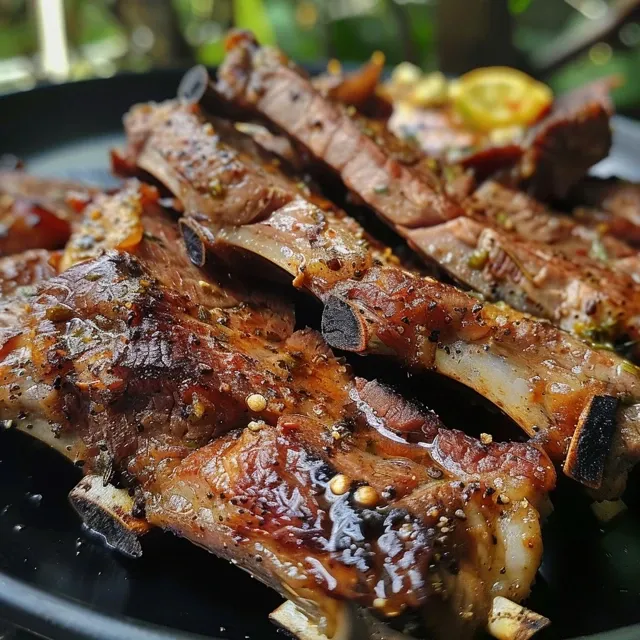 Close-up de costelinha suína coberta com molho barbecue.