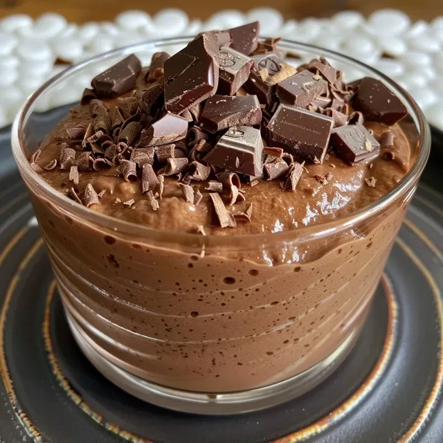 Side view of a delicious chocolate mousse with decorative fruit and chocolate curls on top.